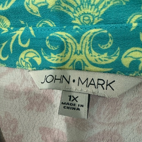 NWT John Mark Teal pink green artsy floral bohemian roll tab Shirt 1x - Picture 9 of 11